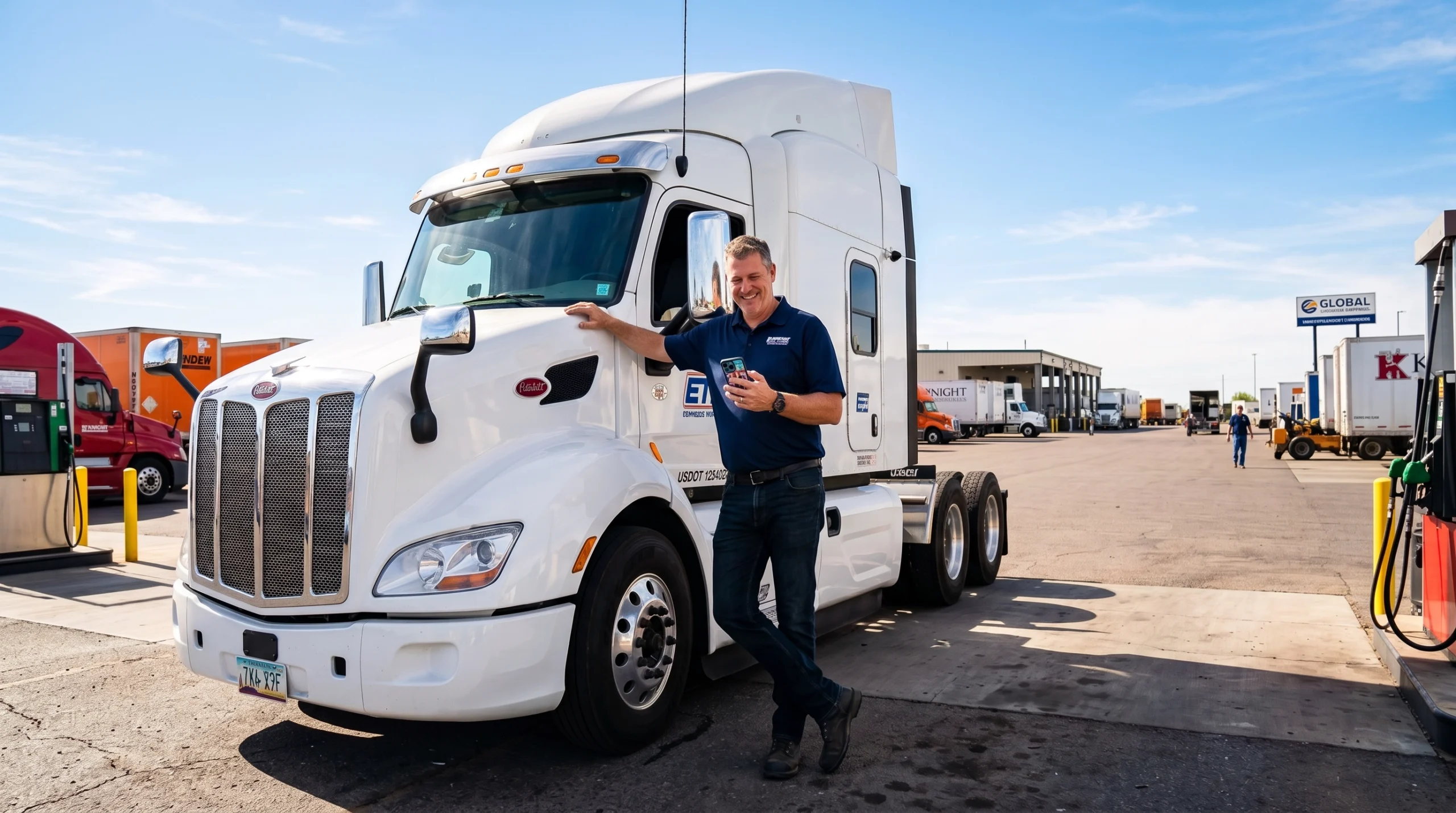 A truck driver looking at his phone leaning against a white semi truck at a gas station